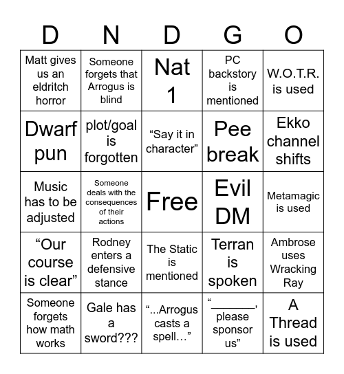 Season 5 Bingo Card