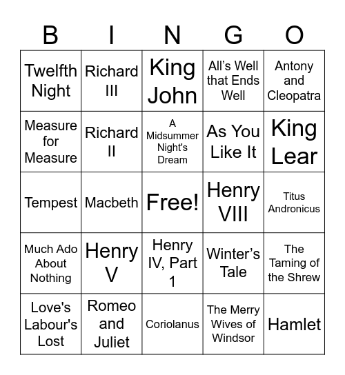 Shakespeare B-Day Bingo Card