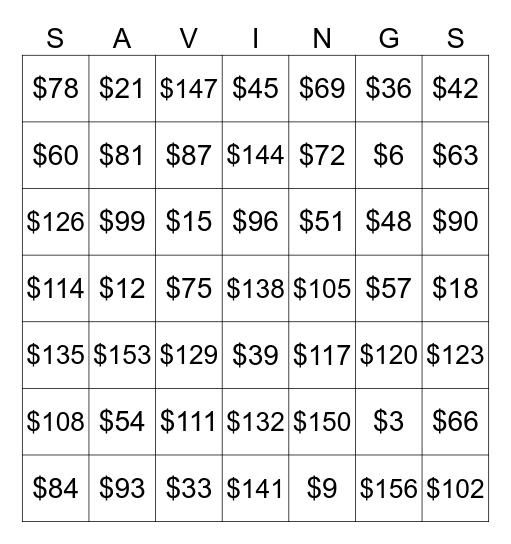 SAVINGS Bingo Card