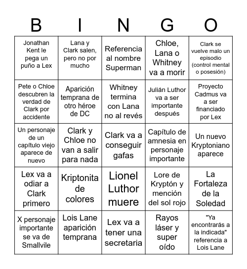 Smallvile Bingo Card Bingo Card