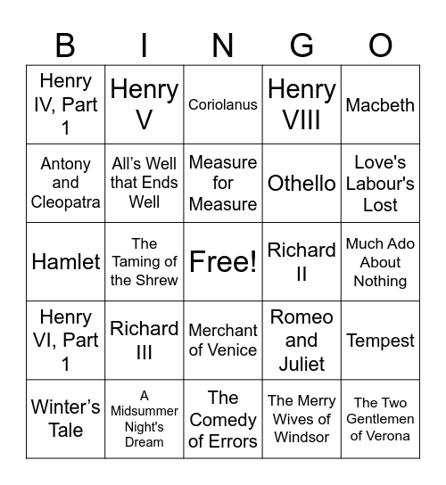 Shakespeare B-Day Bingo Card