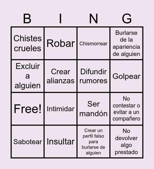Bingo del Bullying Bingo Card