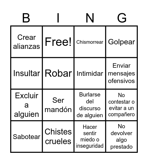 Bingo del Bullying Bingo Card