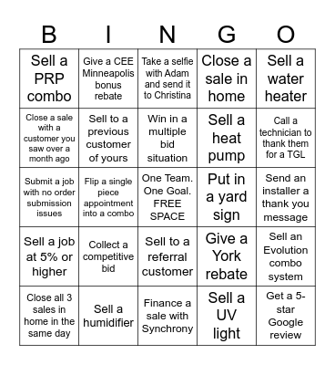 Sales Team Bingo Card