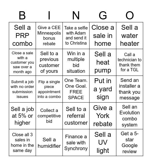 Sales Team Bingo Card