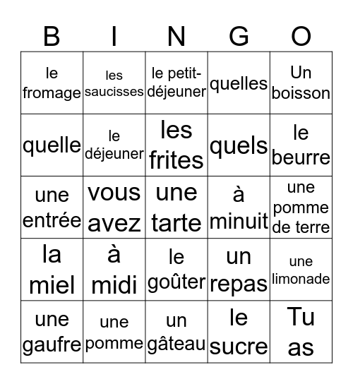 Unité 1 Review Bingo Card