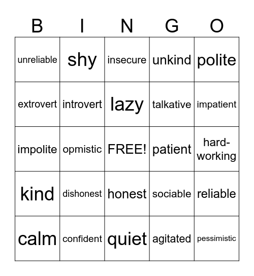 Opposite adjectives Bingo Card