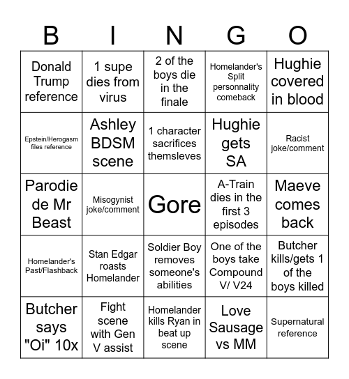 The Boys S5 prediction Bingo Card