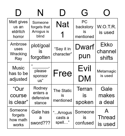 Season 5 Bingo Card