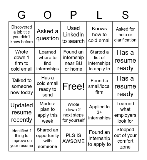 Internship Ready Bingo Card