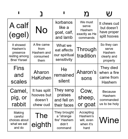 Parsha of the Week Bingo Card