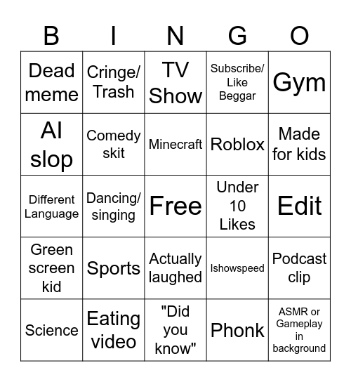 YT shorts BINGO Card
