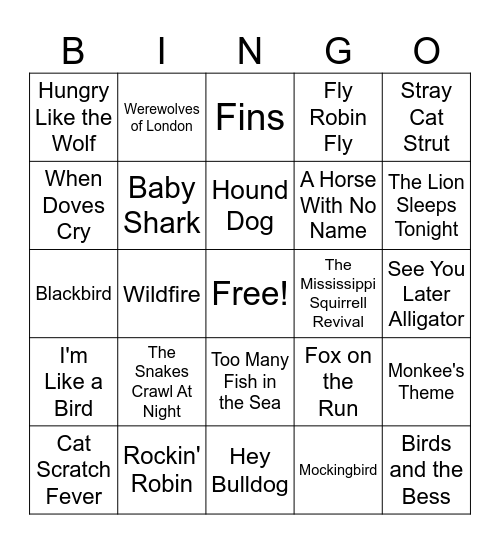Wild Things Bingo Card