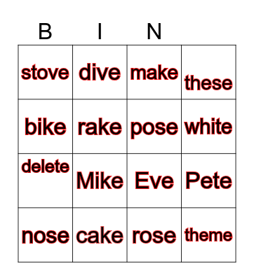 Magic e  Bingo Card