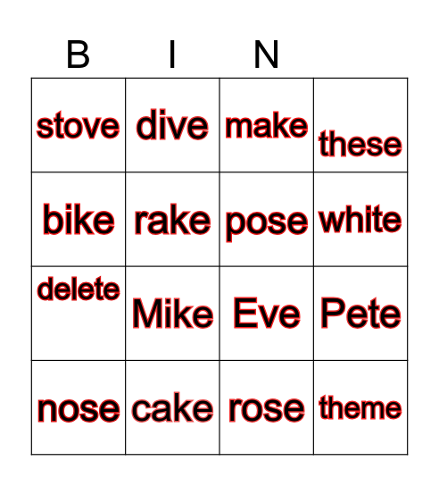 Magic e  Bingo Card