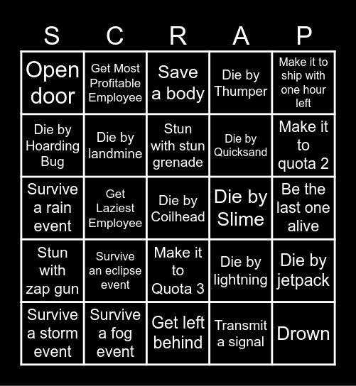 Lethal Company Bingo Card