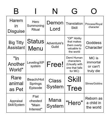 Isekai Bingo Card