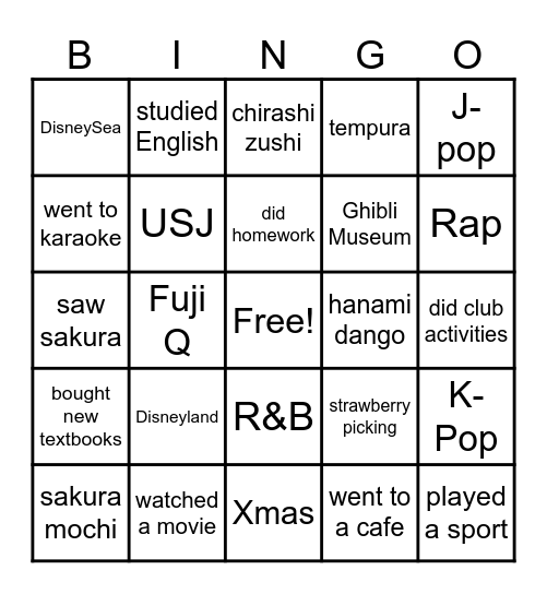 Welcome Back! Bingo Card