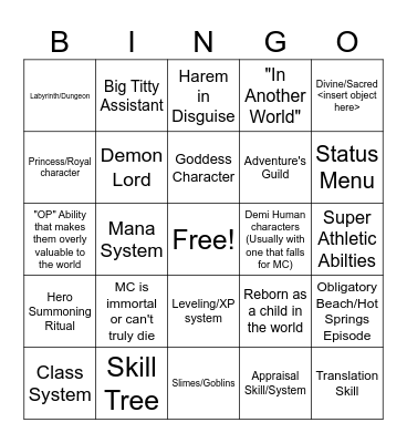Isekai Bingo Card