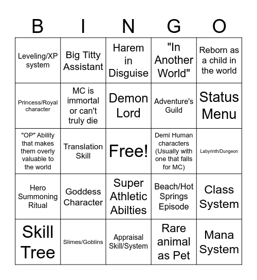 Isekai Bingo Card