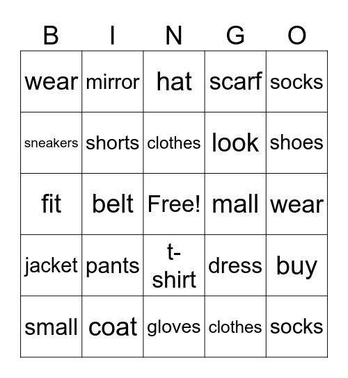 Clothing BINGO Card