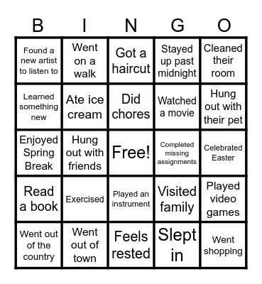 After Spring Break Bingo Card