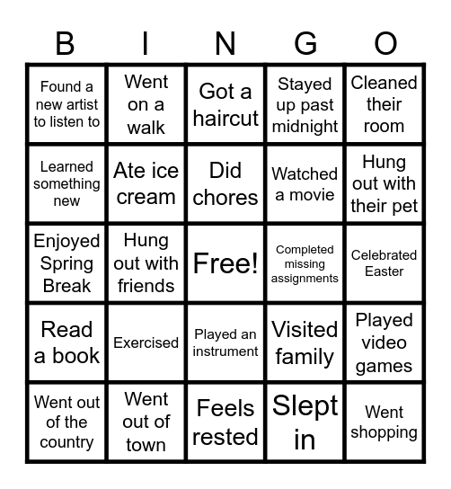 After Spring Break Bingo Card
