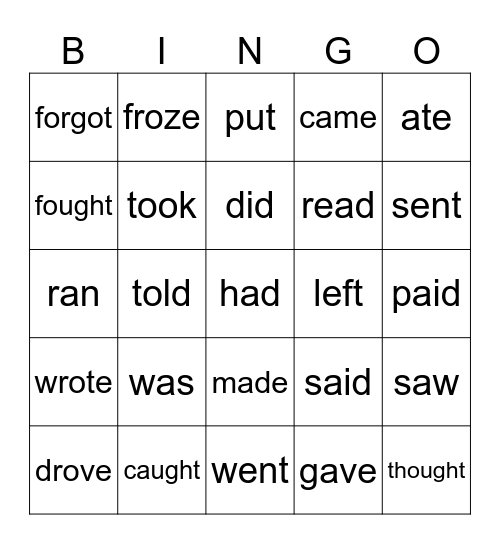Irregular verbs Bingo Card