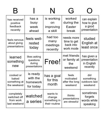 Find someone who ...feels motivated after the break Bingo Card