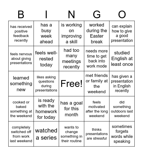 Find someone who ...feels motivated after the break Bingo Card