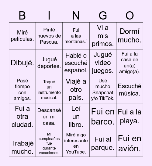 Las vacaciones de primavera: ¿Qué hiciste? Bingo Card