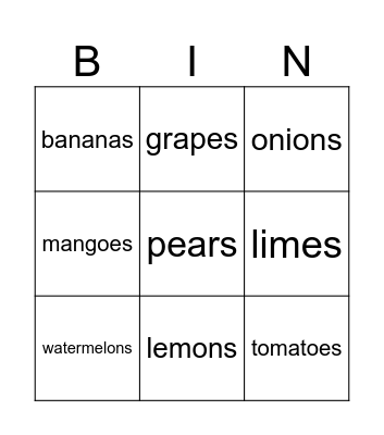 Food Bingo Card