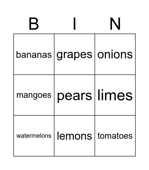 Food Bingo Card