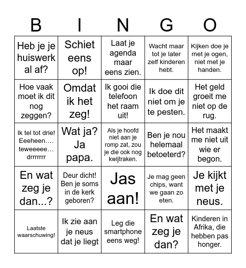 Irritante ouder Bingo - De irritantste opmerkingen van ouders Bingo Card