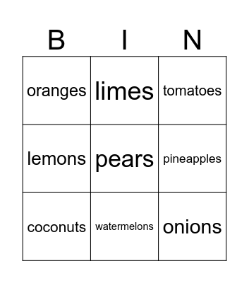 Food Bingo Card