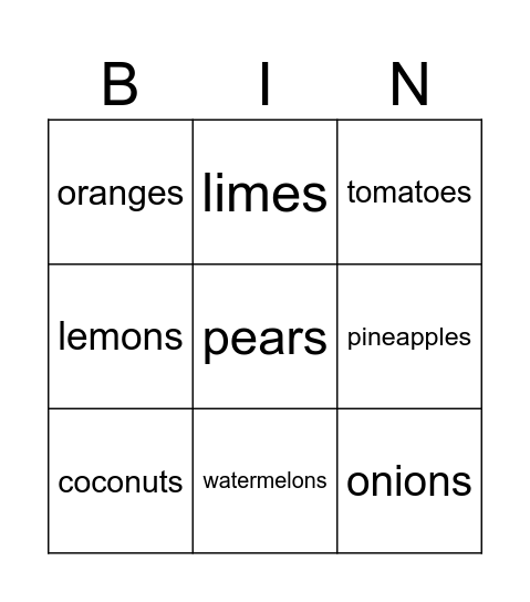 Food Bingo Card