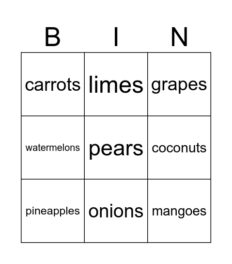 Food Bingo Card