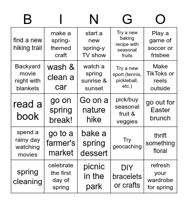 Spring Activities Bingo Card