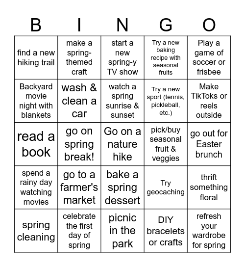 Spring Activities Bingo Card