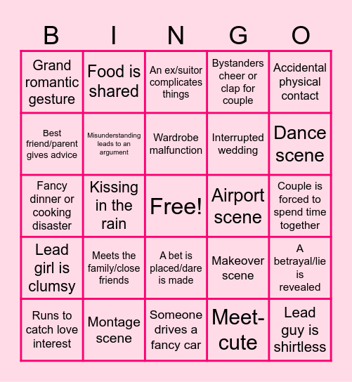 Romantic Comedy Tropes Bingo Card