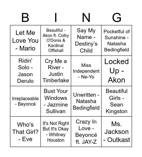 Hip HOP & R&B Bingo Card