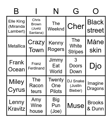 Game 1 - Pop, Rock & Rodeo Bingo Card