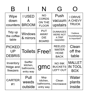 Housekeeping Bingo Card