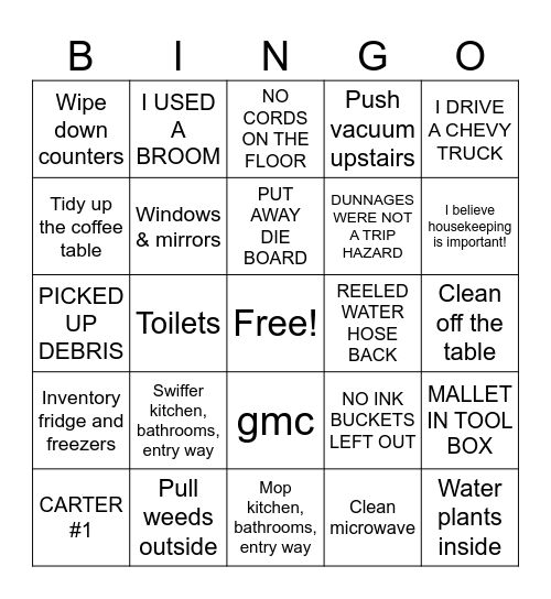 Housekeeping Bingo Card