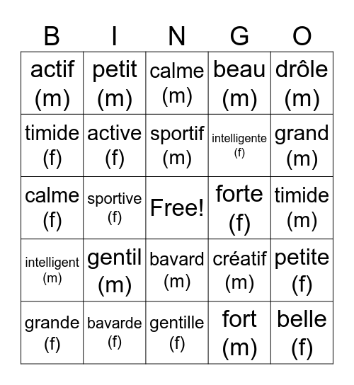 Les Adjectifs Bingo Card