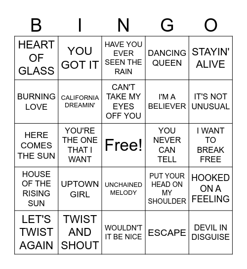60s Hits Bingo Card