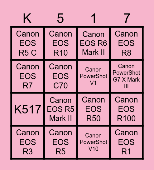 Canon Bingo Card
