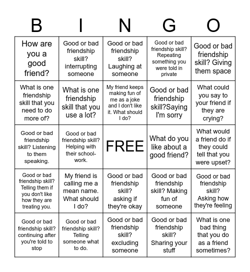 Friendship Bingo Card