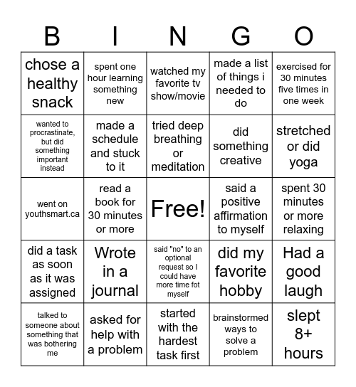 Stress BINGO Card
