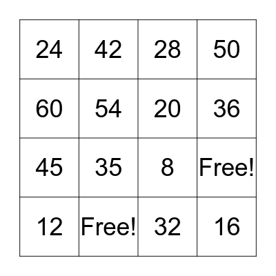 Multiplication Bingo Card